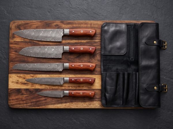 Five piece Damascus kitchen knife set with rosewood handles on a wood board beside a black leather knife roll