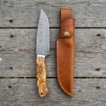 Olivecamp Hand Forged Damascus Camp Knife with Olive Wood Handle and Steel Bolster & Handmade Leather Sheath | Bushcraft Camping and Outdoor Gift | RK-10469