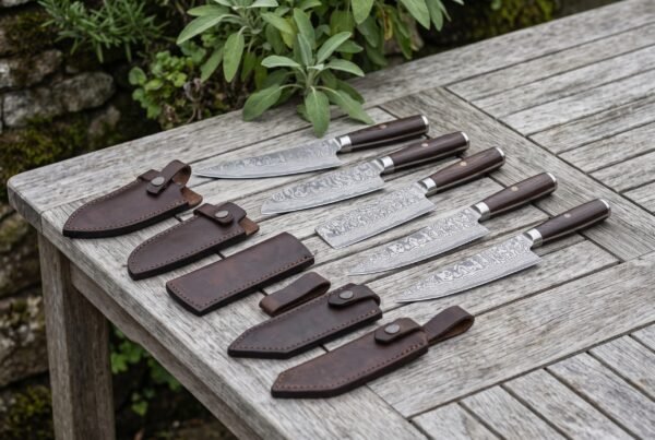 Row of Damascus chef knives with dark wood handles laid out on a garden table, each next to a leather sheath