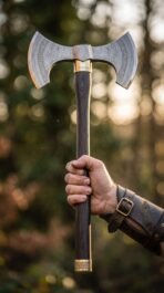 Damascus double bit war axe held upright by the dark wooden haft in a gloved hand against a forest background