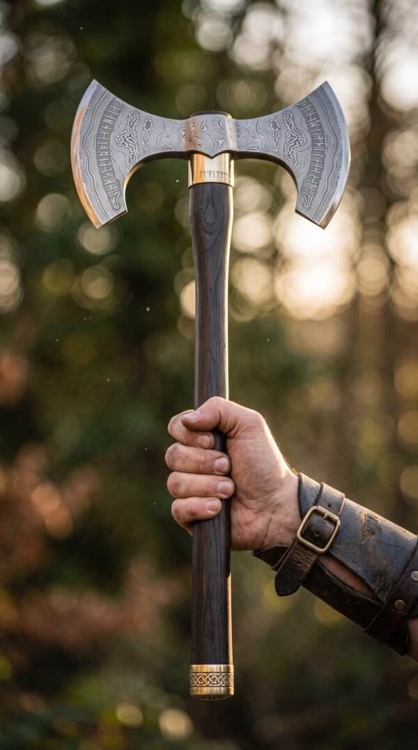 Damascus double bit war axe held upright by the dark wooden haft in a gloved hand against a forest background