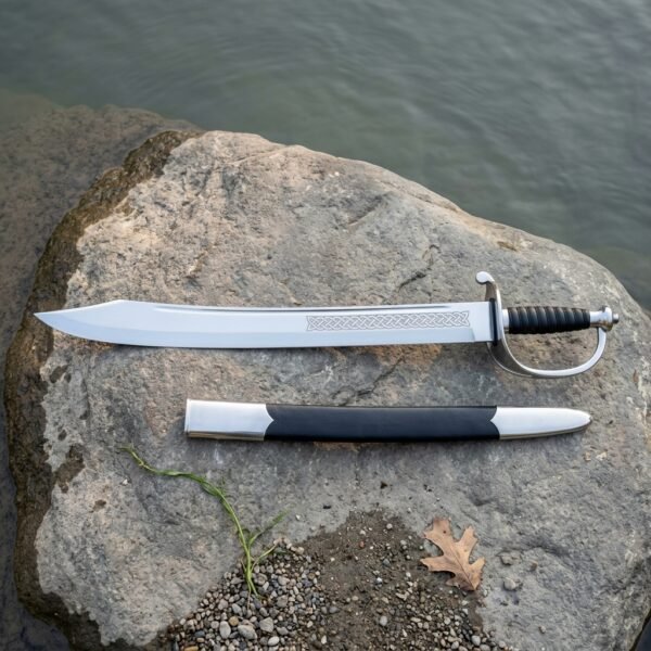 Reverse view of the same hand forged naval cutlass showing the clipped point, steel stirrup guard and black leather scabbard on a river smoothed boulder at the water edge