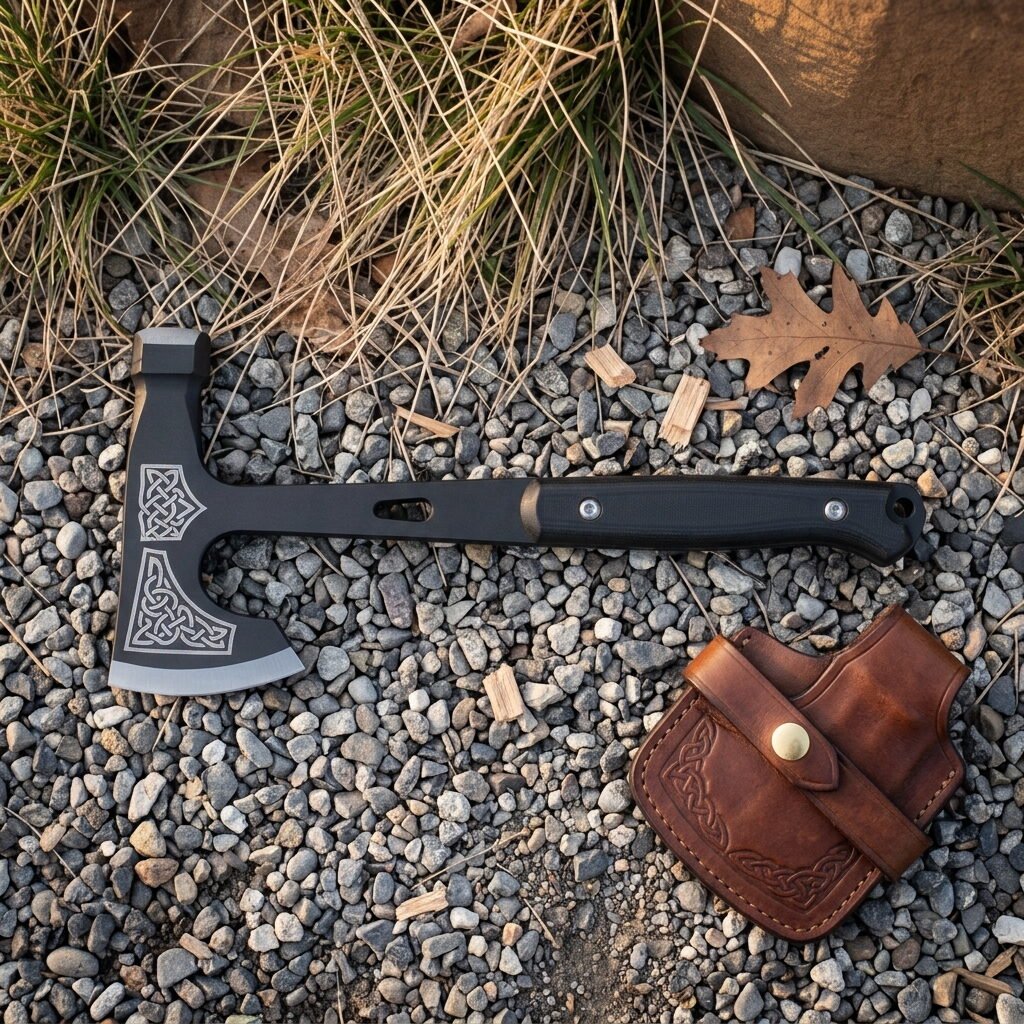 Grimhawk hand forged tactical tomahawk in blackened 1095 carbon steel with hammer poll and skeletonised handle lying on gravel beside its leather belt sheath