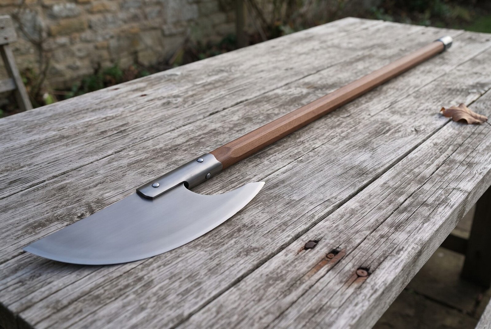 Gemini_Generated_Image_24s0e324s0e324s0 Hand forged bardiche with a long polished steel crescent blade on a hardwood haft lying across a silvered timber table in a garden