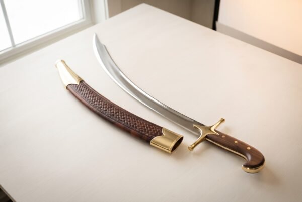 Hand forged shamshir with a narrow deeply curved polished blade and rosewood grip on a pale table beside its basketweave tooled leather scabbard with brass mounts