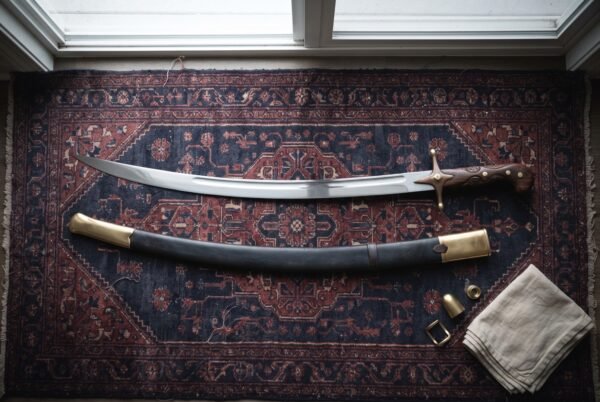 Hand forged Persian sword with a narrow crescent shamshir blade and walnut grip laid on a navy and rust Persian carpet beside its brass mounted leather scabbard