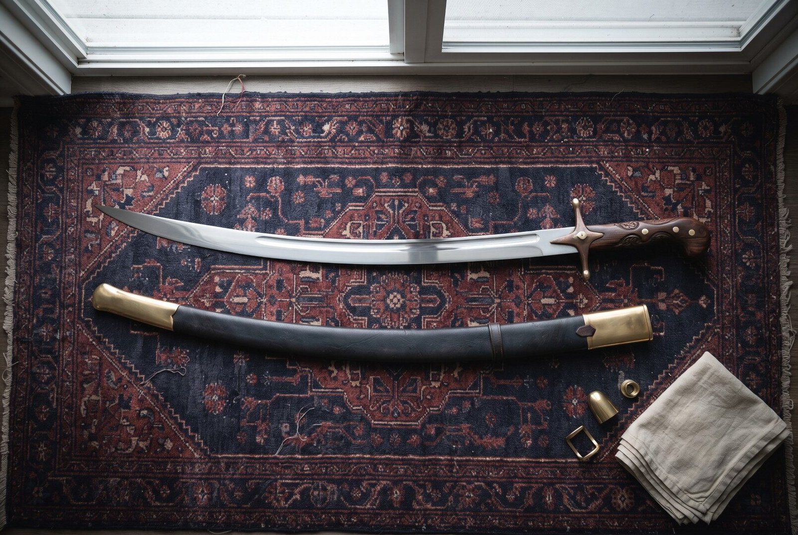 Gemini_Generated_Image_3u27303u27303u27 Hand forged Persian sword with a narrow crescent shamshir blade and walnut grip laid on a navy and rust Persian carpet beside its brass mounted leather scabbard