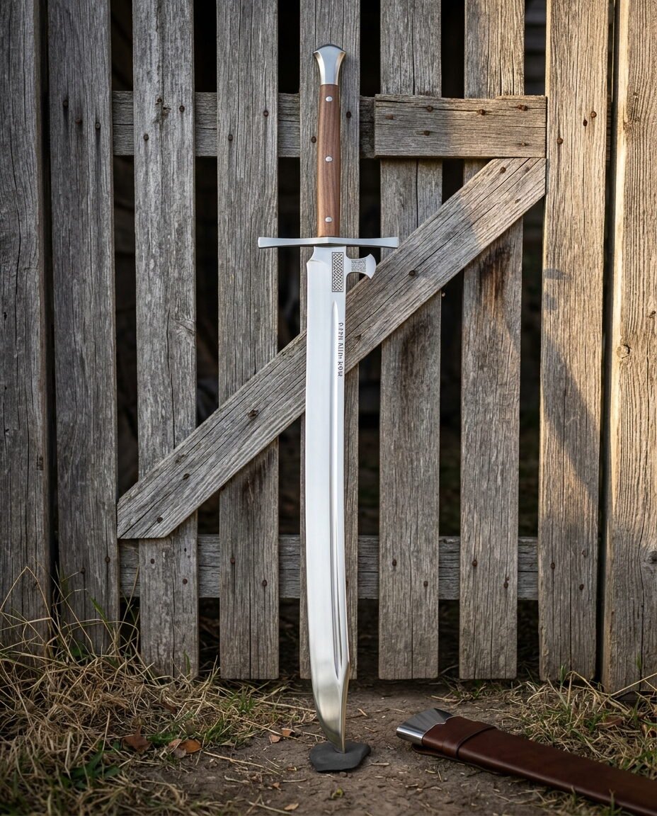 Gemini_Generated_Image_3vrnbg3vrnbg3vrn Hand forged two handed kriegsmesser with a broad curved single edged blade and long grip leaning against a weathered timber gate beside its leather scabbard