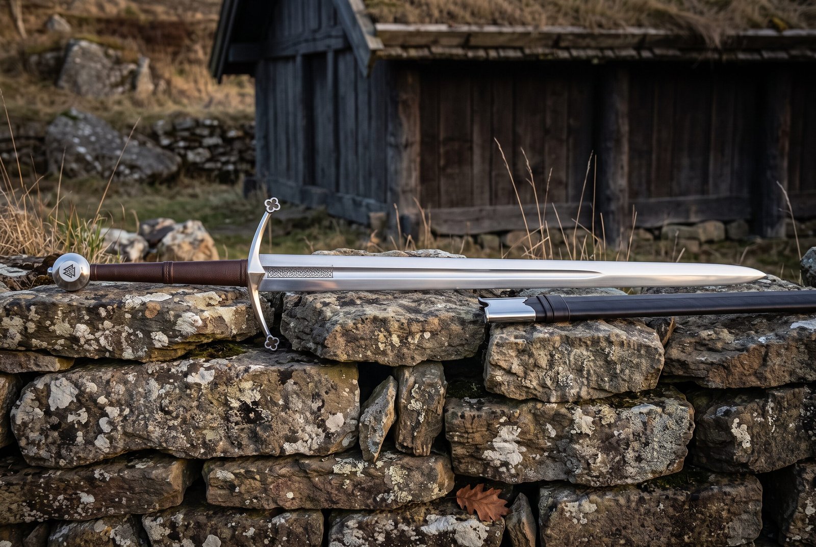 Gemini_Generated_Image_4f8ty64f8ty64f8t Hand forged arming sword with a polished fullered blade, leather grip and engraved valknut disc pommel resting in its scabbard on a drystone wall