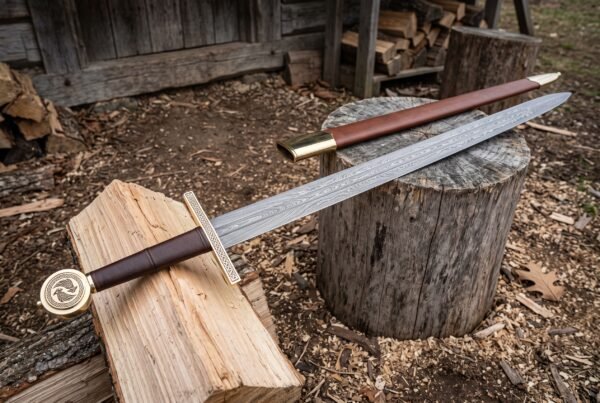 Hand forged Damascus sword with a layered fullered double edged blade and large disc pommel resting on a split log and tree stump in a timber yard