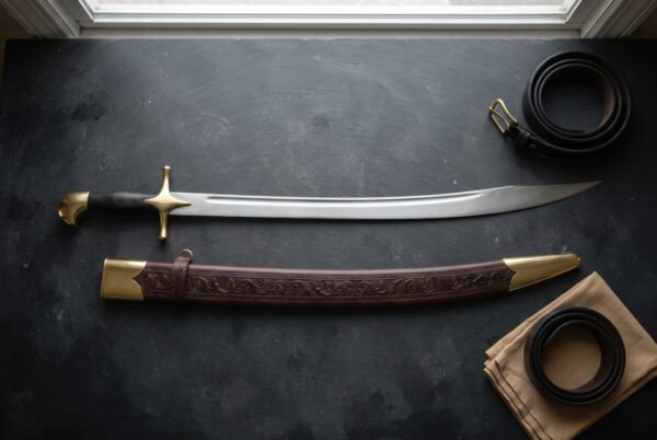 Hand forged curved sword with a broad polished scimitar blade, brass cross guard and leather grip, laid on dark slate beside its tooled leather scabbard and belts