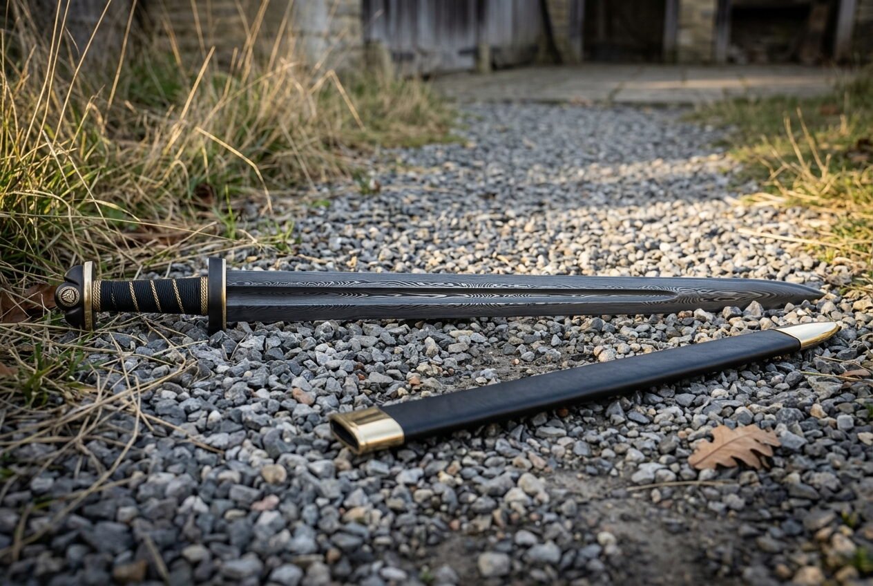 Gemini_Generated_Image_7cq3m7cq3m7cq3m7 Blackened Viking sword with black oxide blade, bright cutting edge and matching black leather scabbard laid on a pale gravel path outdoors
