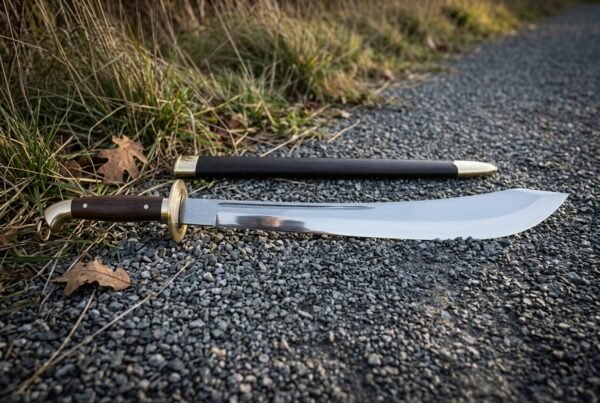 Falchion sword with brass pommel and dark hardwood grip laid on a gravel path next to a black leather scabbard with brass throat and chape