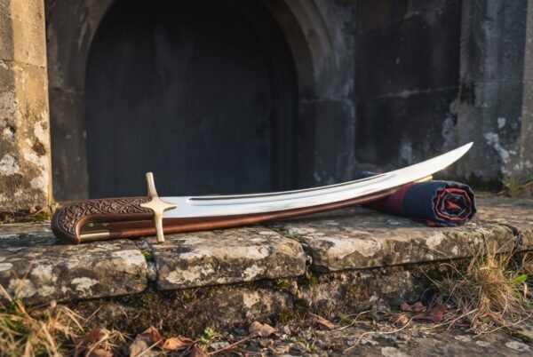 Ancient Persian sword pattern hand forged as a shamshir with a deeply curved polished blade and carved vine scroll grip on a stone ledge before an arched doorway