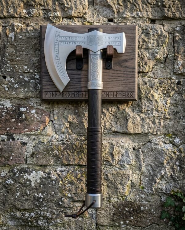Viking axe with wall mount hung on a stone wall, the hand forged runic bearded axe cradled on a carved timber rune plaque with blackened steel hooks.