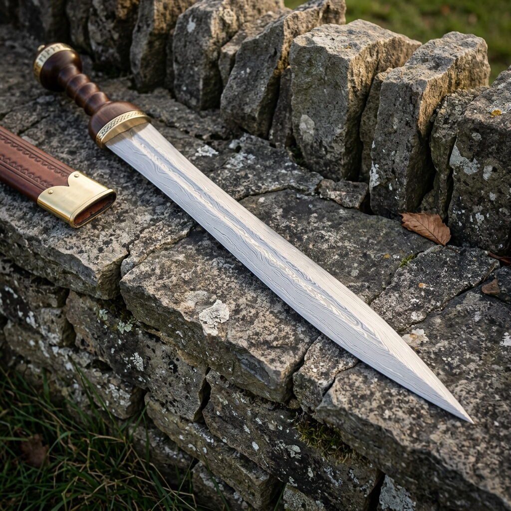 Gemini_Generated_Image_adno0qadno0qadno Hand forged Damascus Mainz gladius with a waisted forge welded leaf blade and ribbed walnut grip, lying on a lichen covered drystone wall beside its tooled leather scabbard.