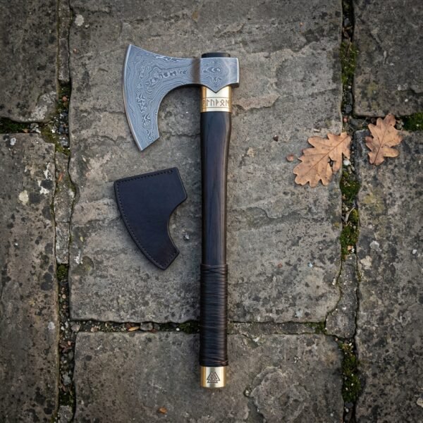 Ragnar axe style hand forged damascus bearded head with a dark hardwood haft and brass collar, resting on flagstone beside its black leather head sheath