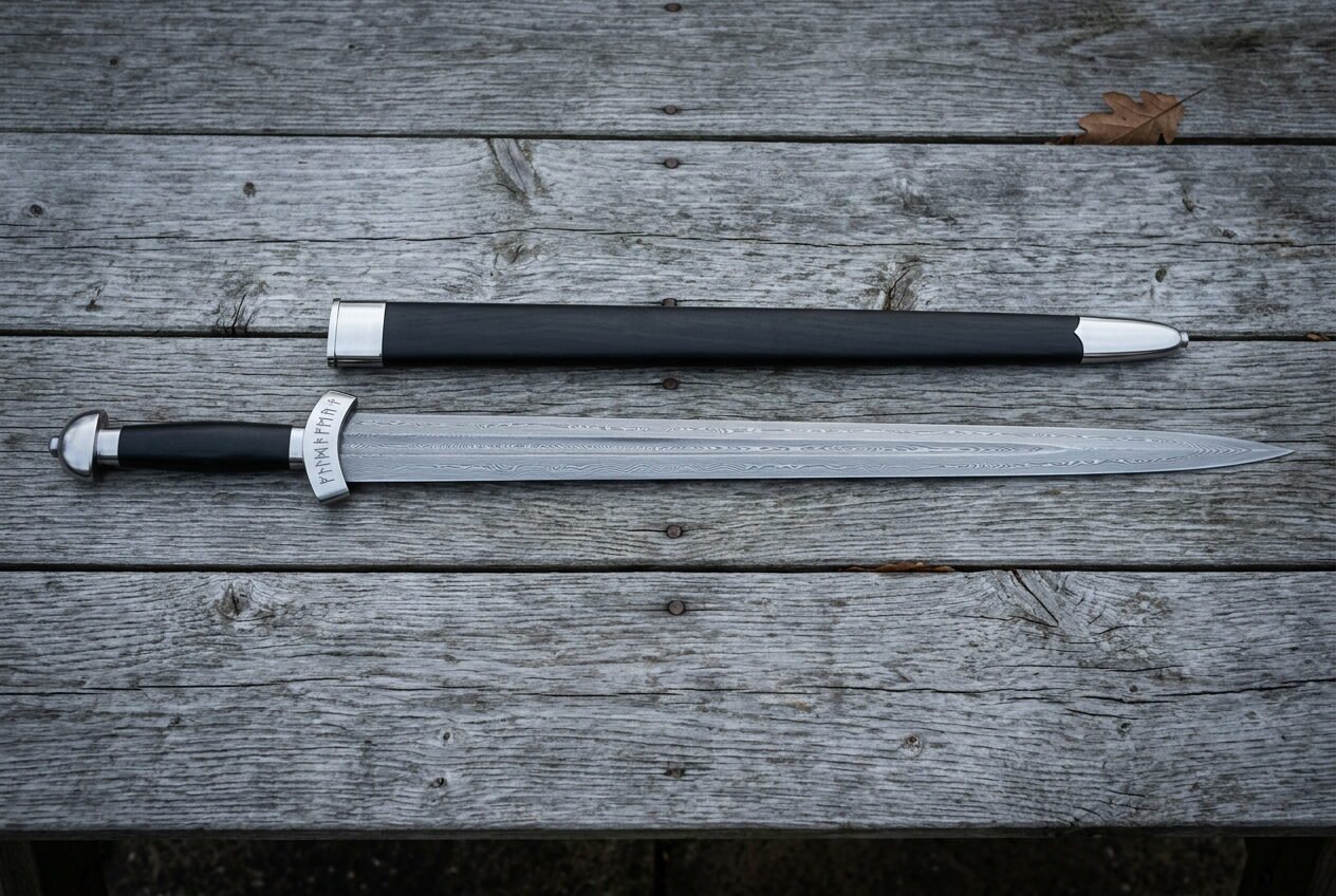 Gemini_Generated_Image_c7nqbc7nqbc7nqbc Hand forged Damascus Chinese sword with a straight layered double edged jian blade and wrapped grip lying on weathered timber decking beside a black scabbard