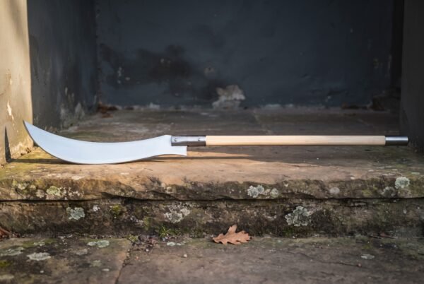 Hand forged glaive weapon with a long polished curved steel blade on a pale ash haft resting on a lichened stone step in a doorway