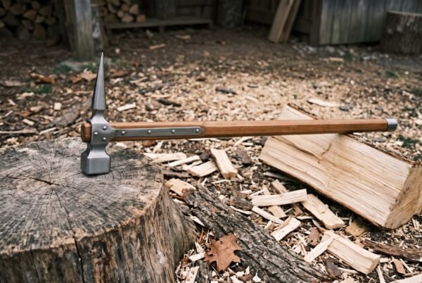Hand forged war hammer with a polished steel square face and long rear spike on a hardwood haft resting on a tree stump among split firewood