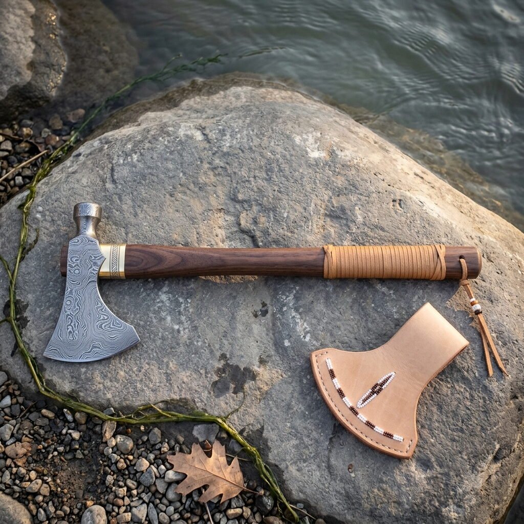 Native American style tomahawk with Damascus head, brass collar and dark walnut haft with leather lacing resting on a river smoothed rock beside its natural leather head cover