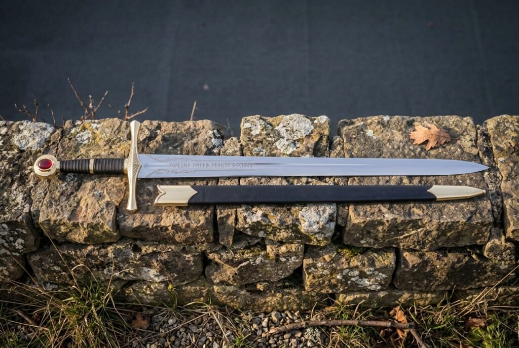 Hand forged runic sword with a darkened Elder Futhark blade inscription, deep red leather grip and steel disc pommel lying on a dark drystone wall