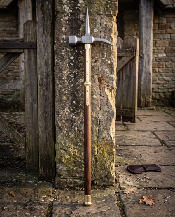 Hand forged medieval polehammer with a steel hammer head and top spike on a walnut haft with brass langets leaning against a weathered stone pier