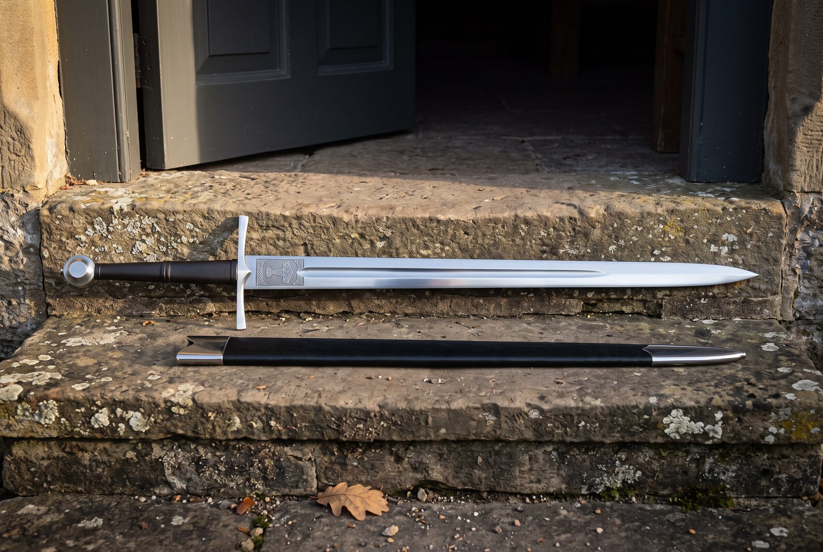 Gemini_Generated_Image_dm1lqndm1lqndm1l Hand forged medieval arming sword in polished high carbon steel with an etched Mjolnir panel, laid with its black scabbard on a lichened stone doorstep.