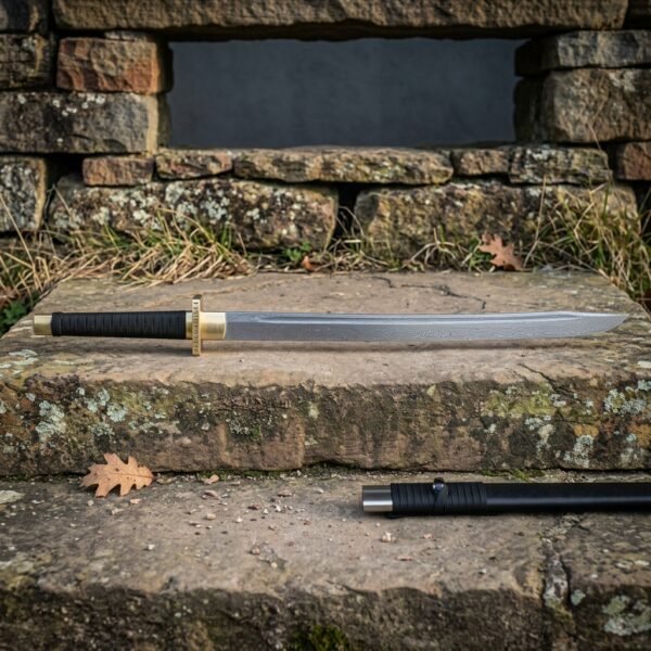 Hand forged Chinese dao sword with a curved polished single edged willow leaf blade and black cord wrapped grip lying on a mossy stone step beside a black scabbard