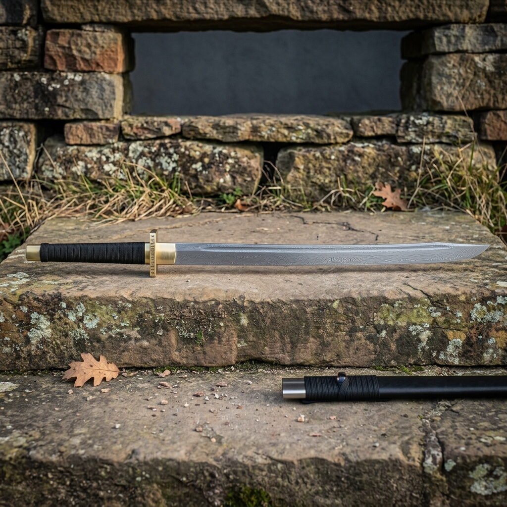 Gemini_Generated_Image_e4fijae4fijae4fi Hand forged Chinese dao sword with a curved polished single edged willow leaf blade and black cord wrapped grip lying on a mossy stone step beside a black scabbard