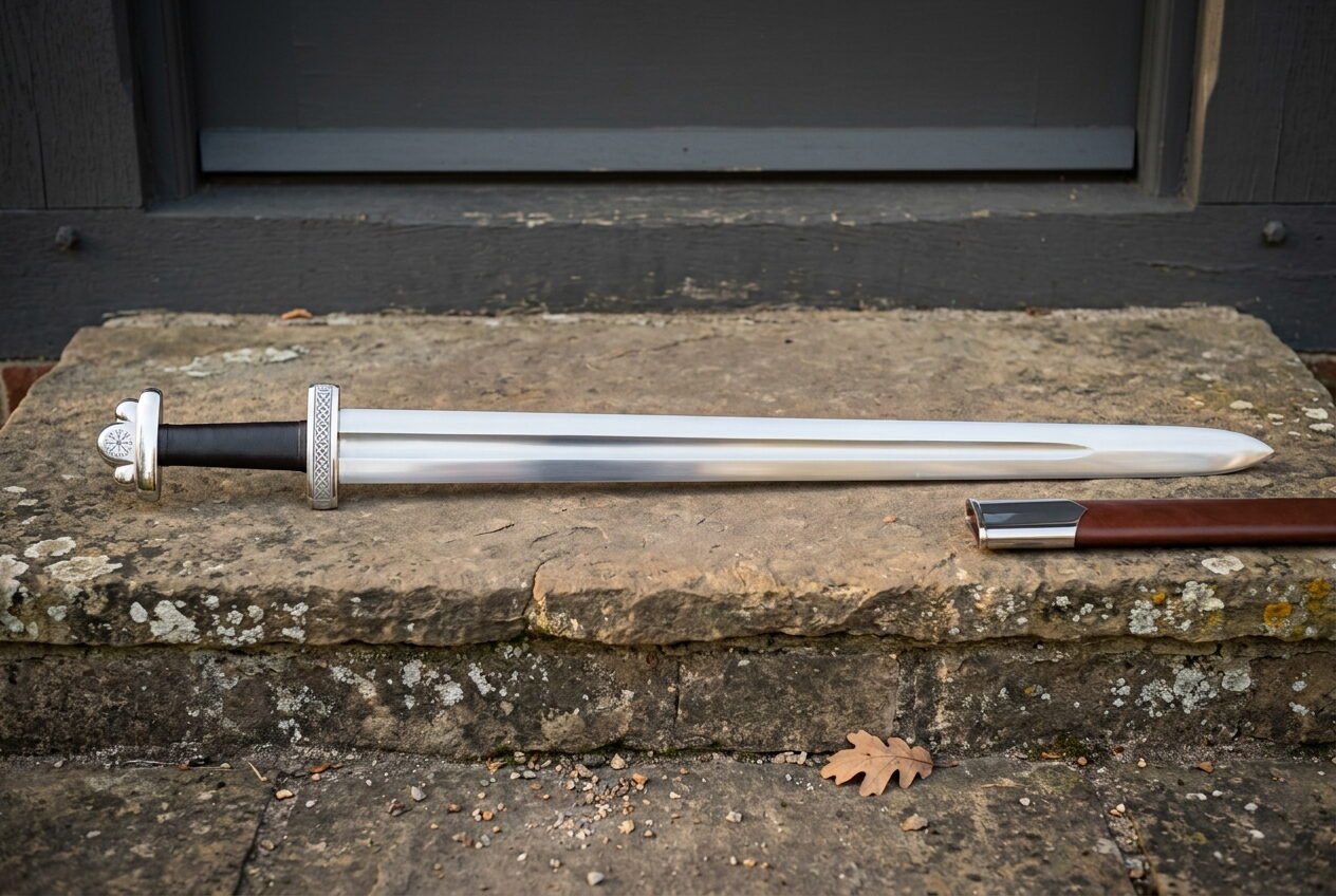 Gemini_Generated_Image_e54e3ue54e3ue54e (1) Hand forged Carolingian sword with polished fullered blade, long straight crossguard and brown leather scabbard resting on a weathered stone doorstep