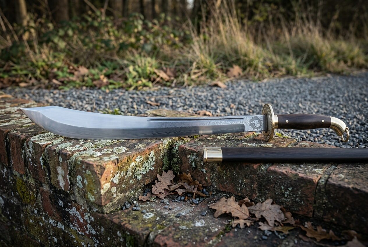 Gemini_Generated_Image_epu3seepu3seepu3 Hand forged falchion sword with a broad polished single edged blade and brass cross guard resting on a lichened brick ledge beside its black leather scabbard