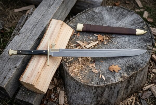 Hand forged Damascus messer with a layered patterned straight backed blade and brass fitted hardwood grip resting on a split log and tree stump beside a leather sheath