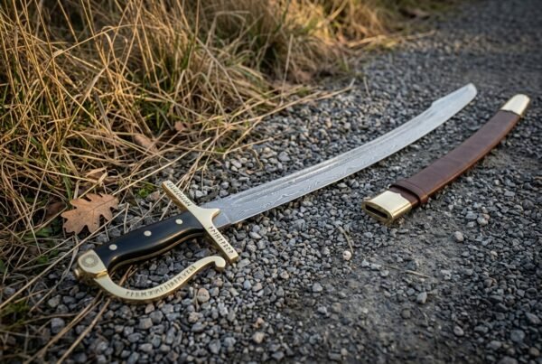 Hand forged Damascus szabla with a layered curved blade, rune cut brass knuckle bow and black horn grip lying on a gravel path beside dry grass and its brown leather scabbard