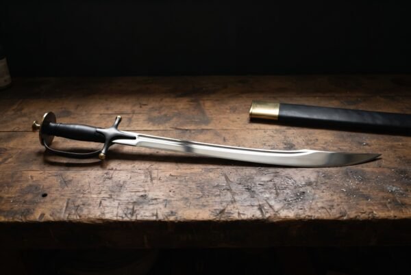 Hand forged talwar sword with a mirror polished curved blade, blackwood grip and disc pommel on a scarred dark timber workbench beside its black leather scabbard
