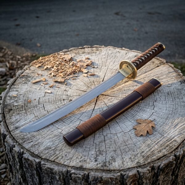 Hand forged tanto sword with a brown cord grip and round brass tsuba resting on a sawn tree stump beside its brown leather wrapped saya and wood shavings