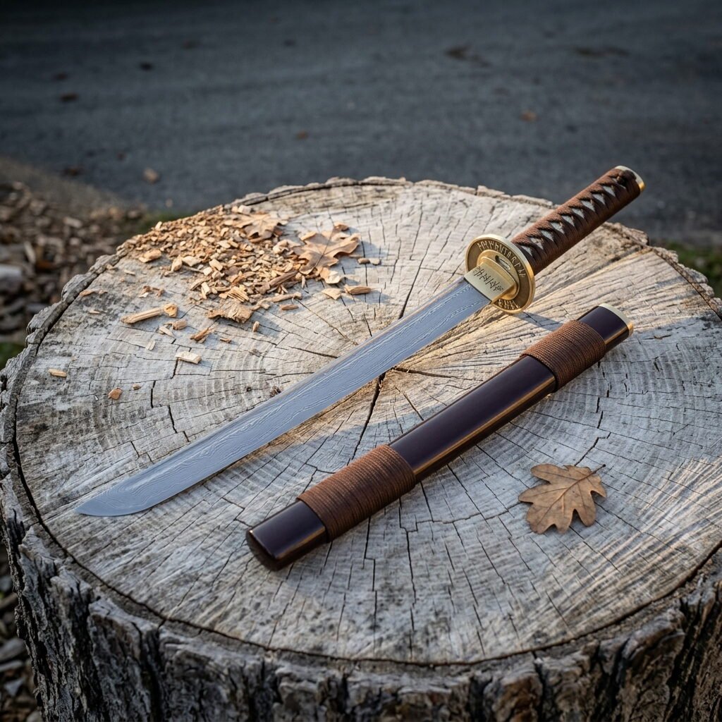Gemini_Generated_Image_g60qffg60qffg60q Hand forged tanto sword with a brown cord grip and round brass tsuba resting on a sawn tree stump beside its brown leather wrapped saya and wood shavings