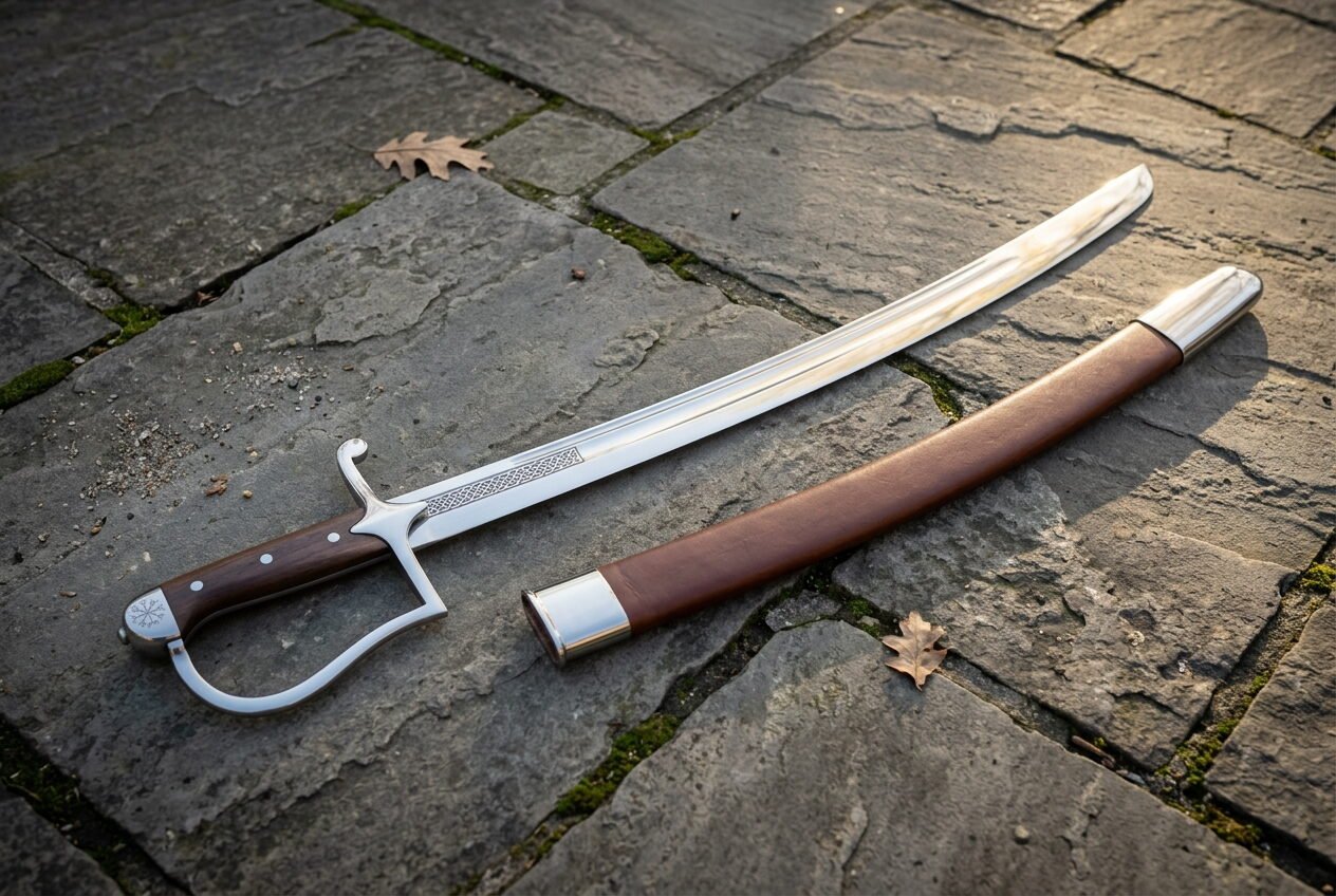 Gemini_Generated_Image_glol4tglol4tglol Hand forged sabre sword with a broad polished curved blade, steel knuckle bow hilt and rosewood slab grip resting on grey flagstone paving beside its brown leather scabbard