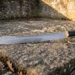 Valknight Hand Forged Damascus Steel Cutlass | 29 Inch Overall with 23 Inch Blade | Ribbed Black Leather Grip and Open Brass Knuckle Bow | Norse Collector and Display Gift | RK-1317