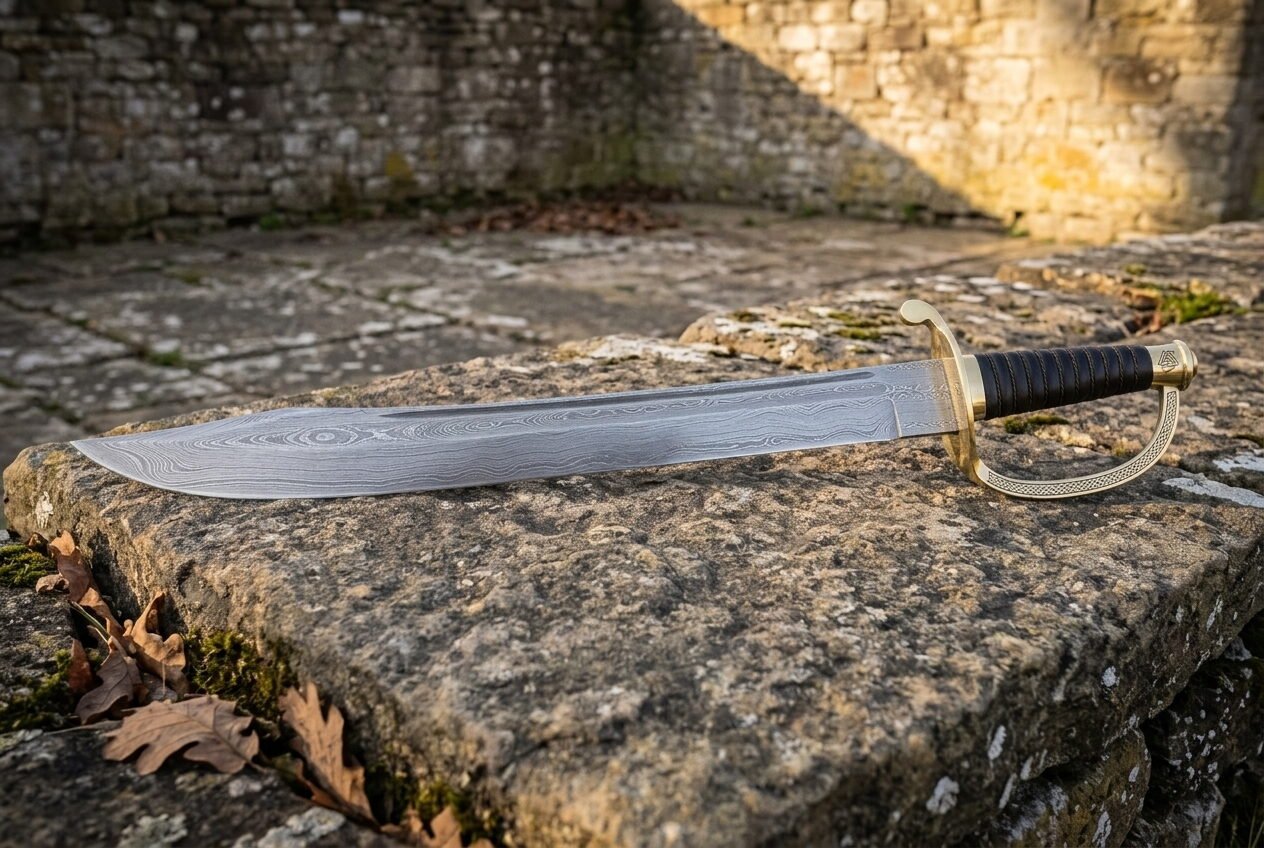 Gemini_Generated_Image_h00h06h00h06h00h Hand forged Damascus cutlass with a broad layered blade, open brass knuckle bow and ribbed black leather grip resting on a weathered limestone ledge in front of an old stone wall