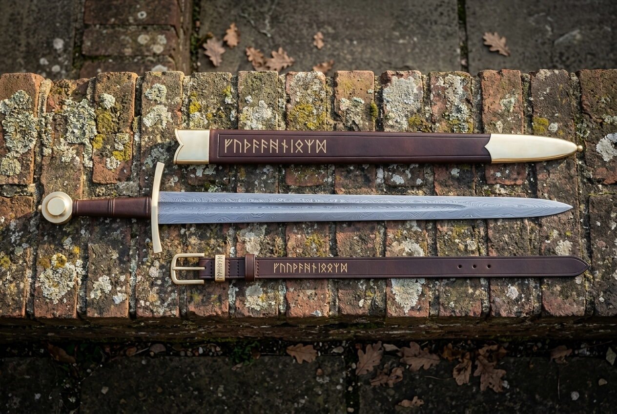 Gemini_Generated_Image_hfe0zwhfe0zwhfe0 Hand forged Damascus arming sword with bone disc pommel beside a rune tooled leather scabbard and matching belt, laid out on a lichen covered brick ledge.