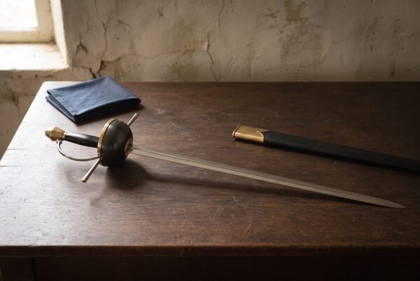 Hand forged musketeer sword with a blackened cup hilt and polished brass rim resting on a dark oak table beside a blue cloth and its black leather scabbard