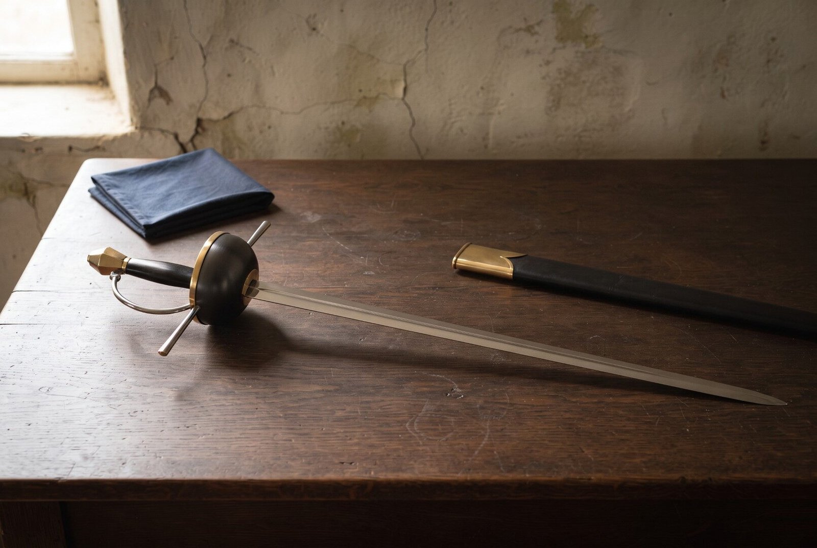 Gemini_Generated_Image_hif5o5hif5o5hif5 Hand forged musketeer sword with a blackened cup hilt and polished brass rim resting on a dark oak table beside a blue cloth and its black leather scabbard