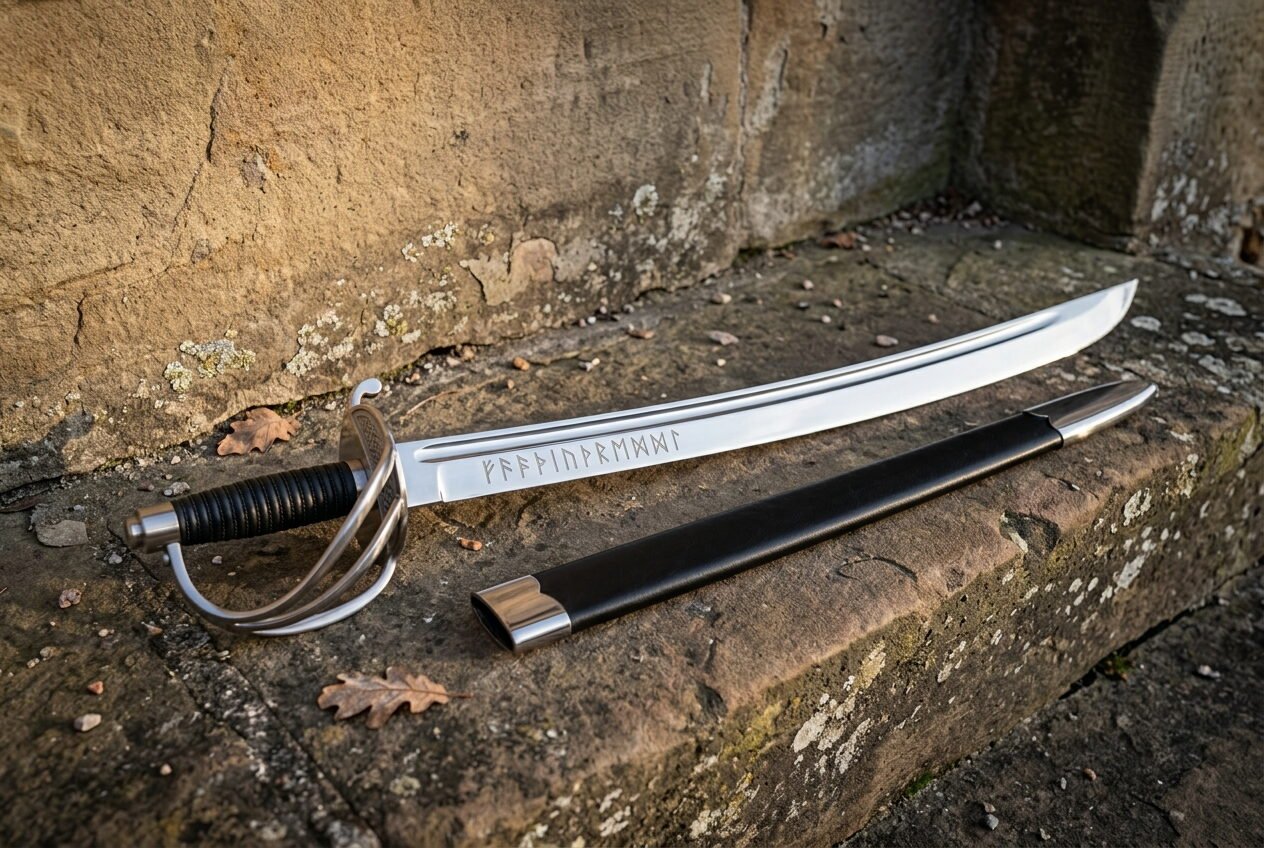Gemini_Generated_Image_hqdvnchqdvnchqdv (1) Hand forged high carbon steel cavalry sabre with a three bar steel guard, ribbed black leather grip and rune engraved curved blade resting on a weathered sandstone step beside its black leather scabbard