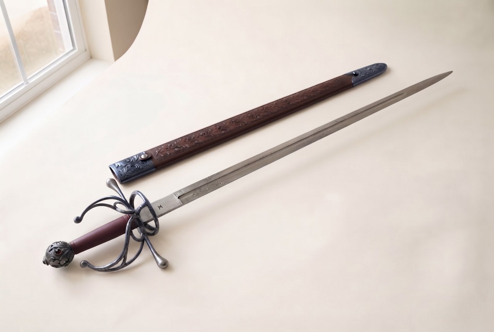 Gemini_Generated_Image_hs2zqqhs2zqqhs2z Hand forged renaissance rapier with an antiqued fullered blade and blackened swept hilt on a pale studio backdrop beside an oak leaf tooled leather scabbard