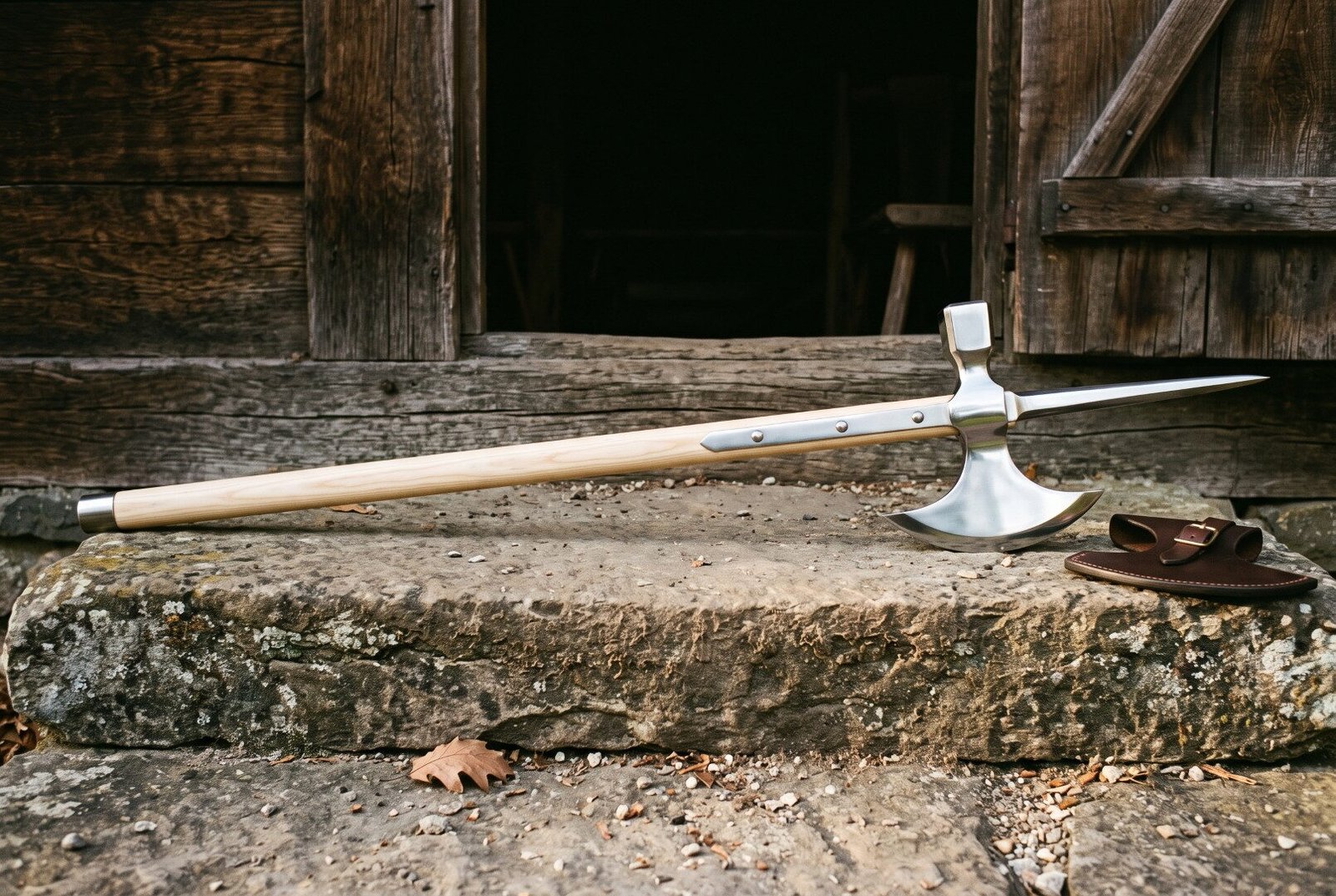 Gemini_Generated_Image_hsueehsueehsueeh Hand forged poleaxe with a polished steel crescent blade, hammer poll and spike on a pale ash haft lying across a stone doorstep beside a leather head cover