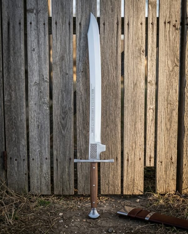 Hand forged bastard sword with a broad engraved double edged blade and disc pommel standing point up against a weathered timber fence beside a leather scabbard