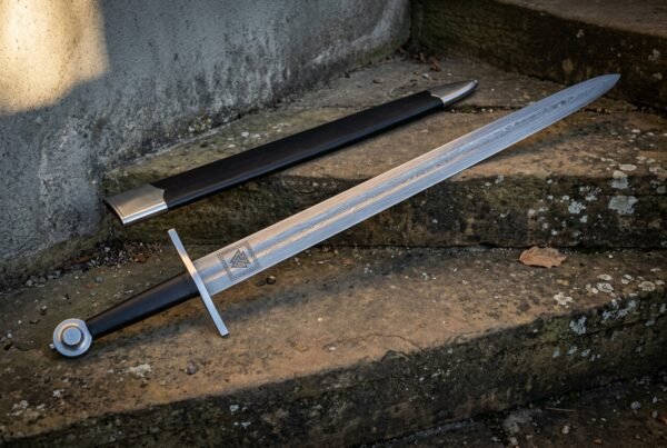Hand forged Damascus bastard sword with an etched Valknut panel and long black leather grip, lying with its black scabbard on weathered stone steps.