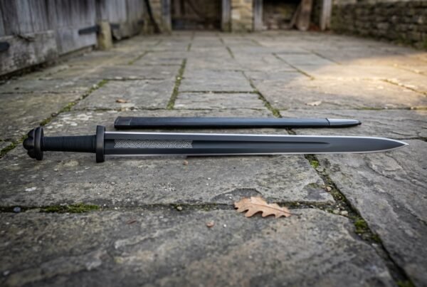 Black Damascus Viking sword with dark etched layered blade and an inscription across the face, resting on grey flagstone paving beside its black scabbard