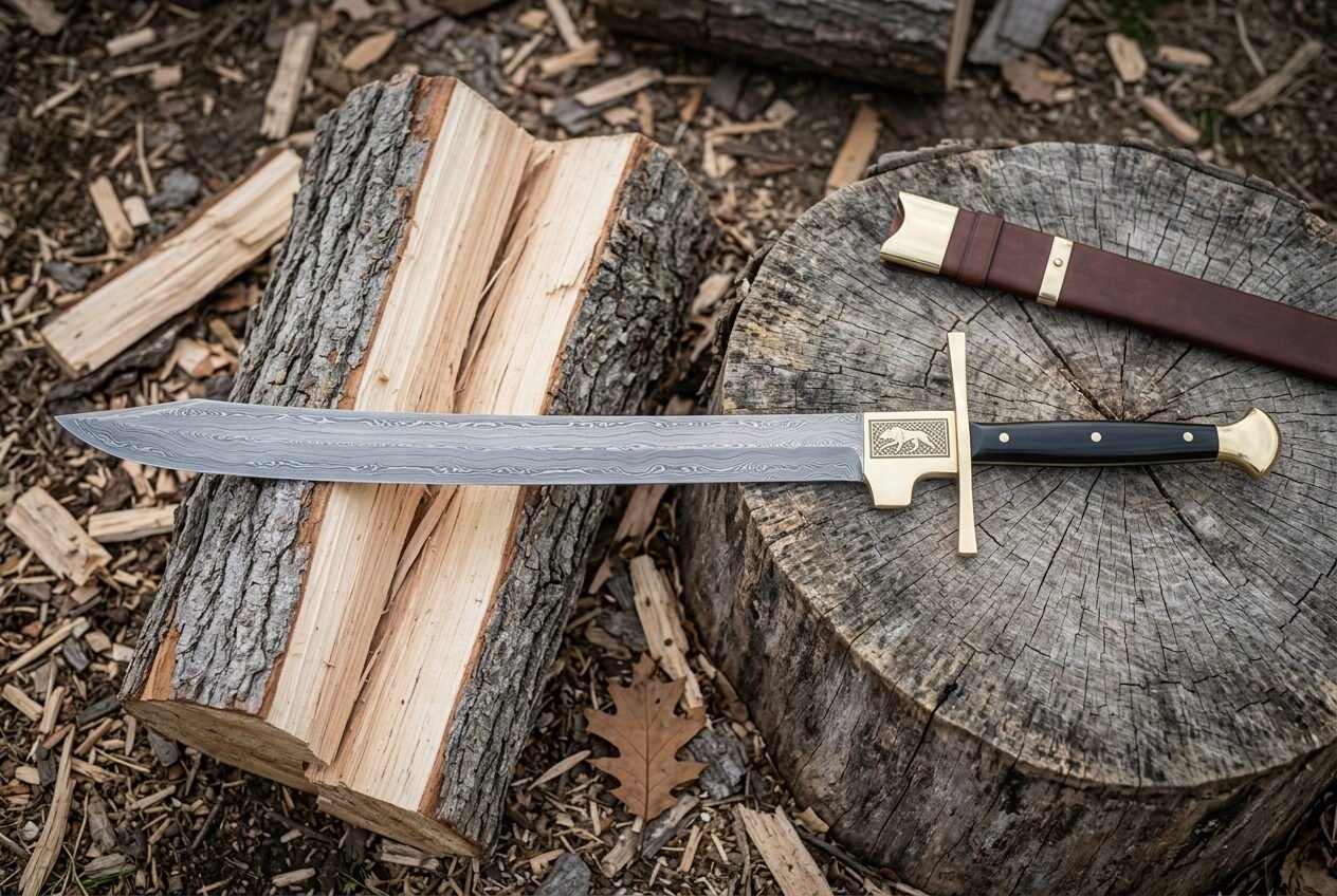 Gemini_Generated_Image_id3521id3521id35 Hand forged Damascus falchion with a layered patterned blade and gilt brass ring guard resting on a split log and tree stump beside a brown leather scabbard